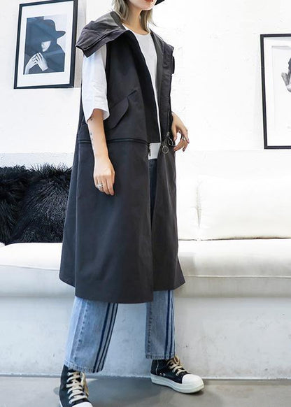 Medium Length Sleeveless Coats Black Hooded Zippered Coat