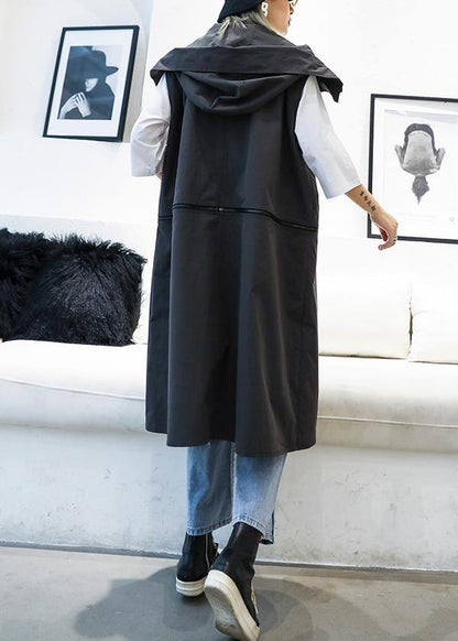 Medium Length Sleeveless Coats Black Hooded Zippered Coat
