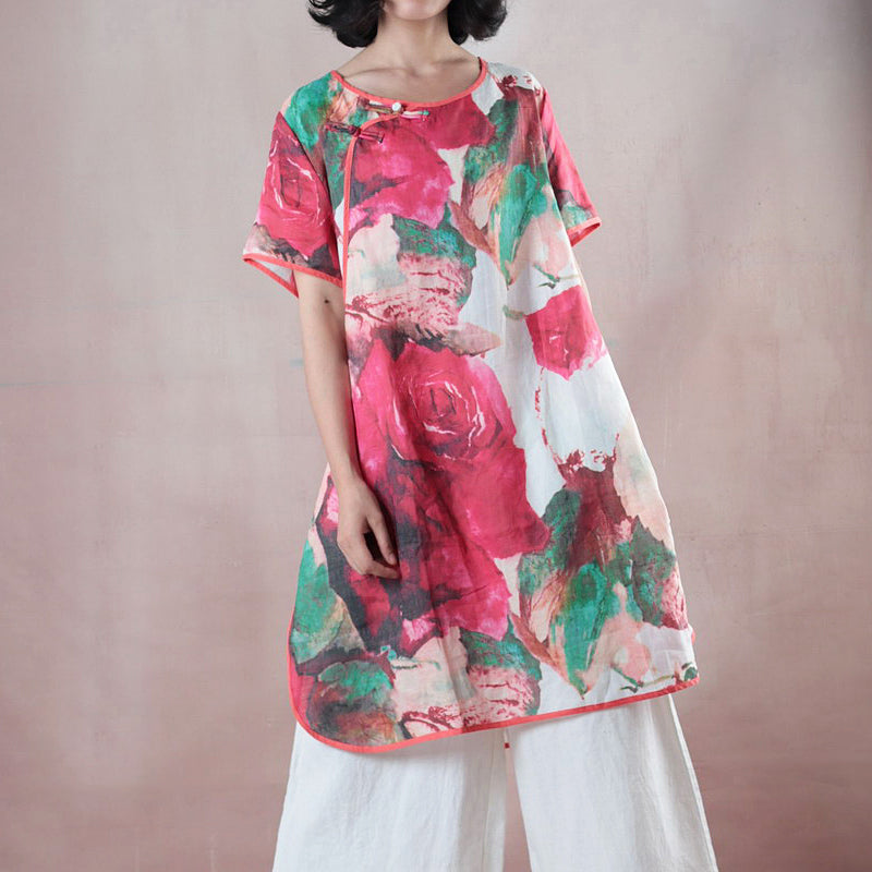 Red Midi-length Linen T Shirt Loose Fitting Shirts Boutique Half Sleeve Print O Neck Chinese Button Linen Blouses