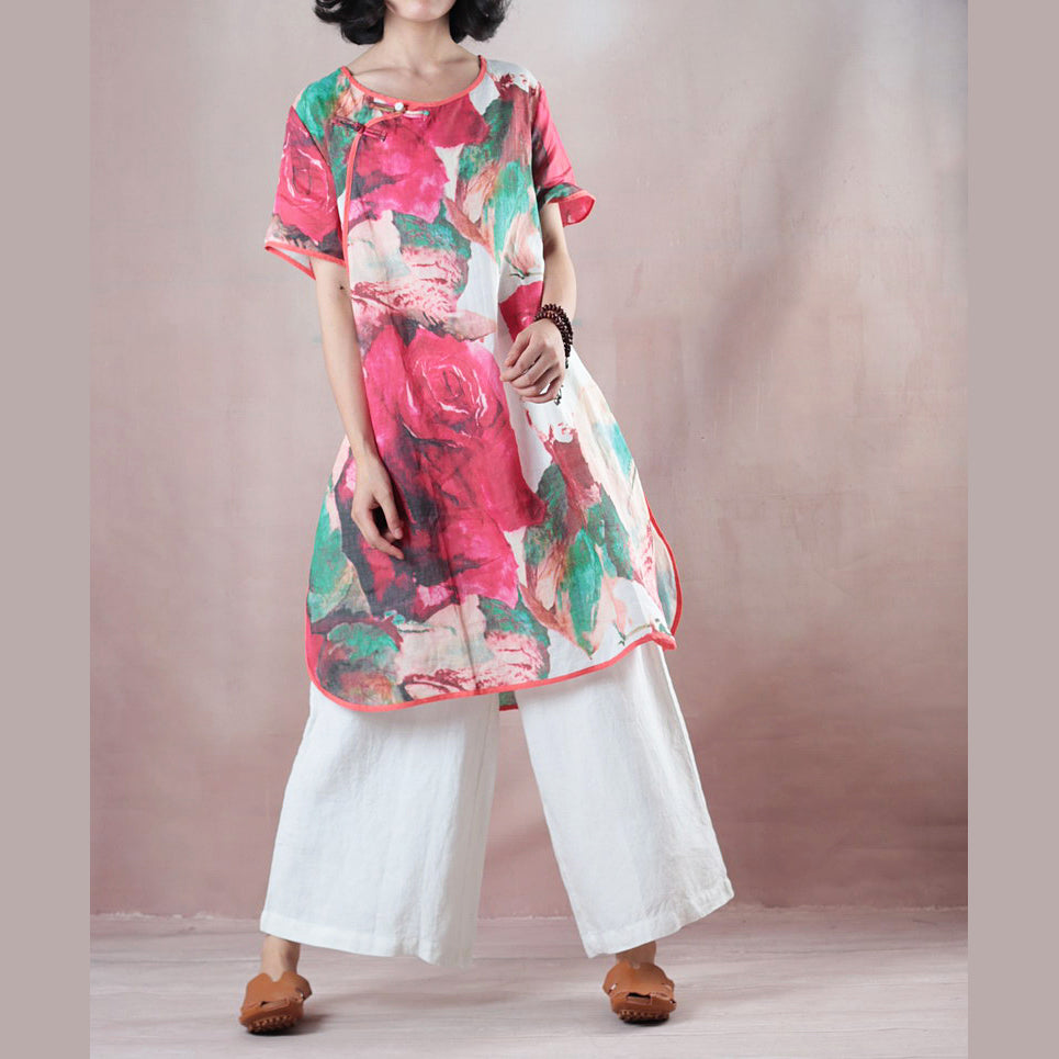 Red Midi-length Linen T Shirt Loose Fitting Shirts Boutique Half Sleeve Print O Neck Chinese Button Linen Blouses