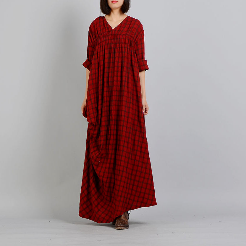Red Plaid V Neck Dress Asymmetrical Design Maxi Dresses