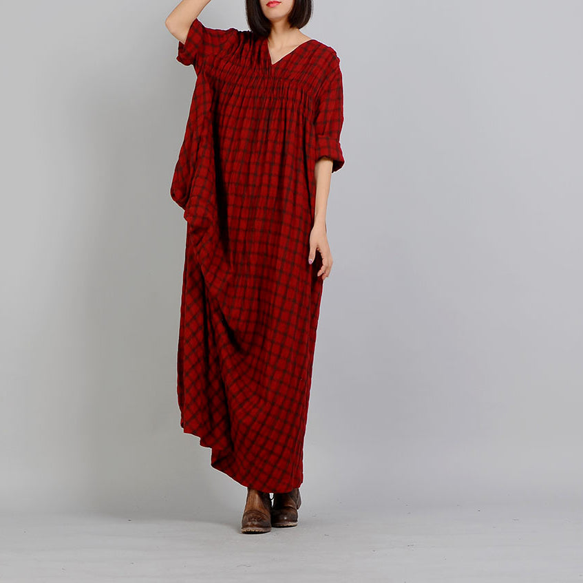 Red Plaid V Neck Dress Asymmetrical Design Maxi Dresses
