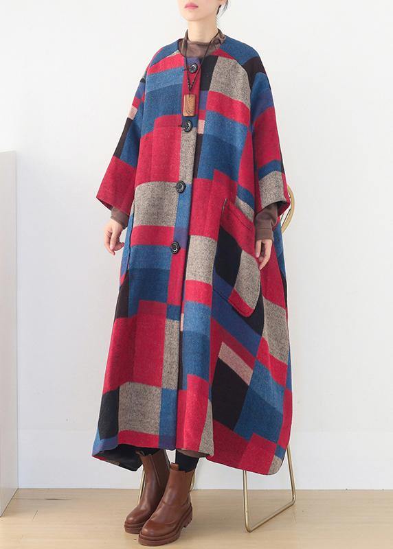 Red Plaid Woolen Coats Oversized O Neck Extra Large Hem Long Winter Coat Coats