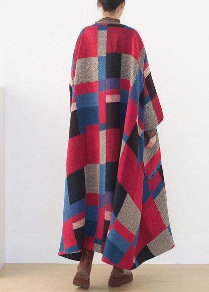Red Plaid Woolen Coats Oversized O Neck Extra Large Hem Long Winter Coat Coats