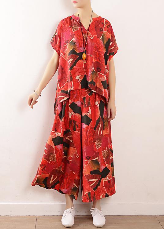 Red Prints Linen Two Pieces Short Sleeve T Shirt and Elastic Waist Crop Pants