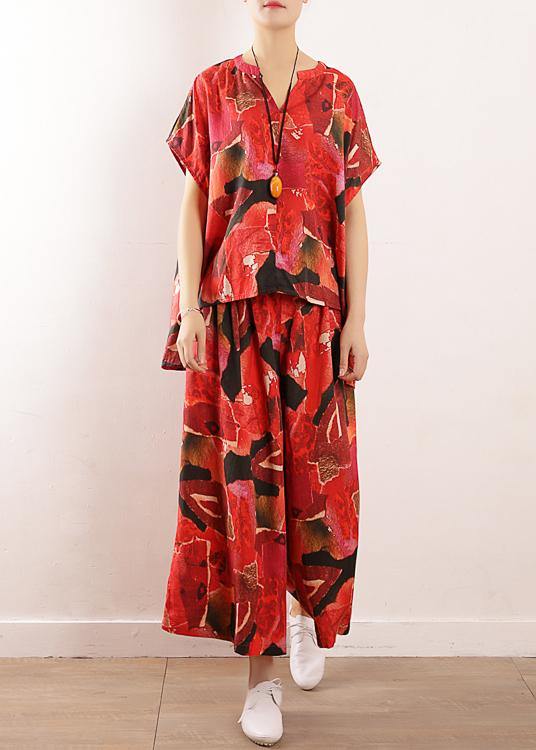 Red Prints Linen Two Pieces Short Sleeve T Shirt and Elastic Waist Crop Pants
