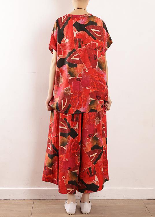 Red Prints Linen Two Pieces Short Sleeve T Shirt and Elastic Waist Crop Pants