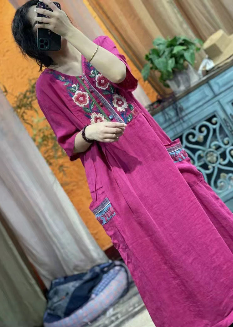 Rose Red Embroideried V Neck Linen Dress Half Sleeve