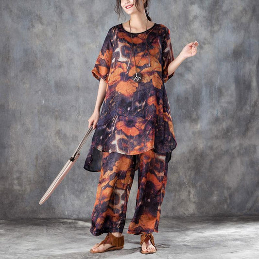 Silk Dresses Clothing Red Two Pieces Set Printed Irregular Top Wide Leg Pants