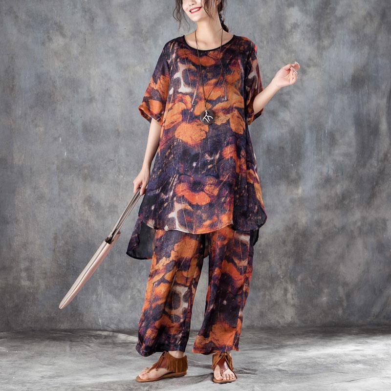 Silk Dresses Clothing Red Two Pieces Set Printed Irregular Top Wide Leg Pants