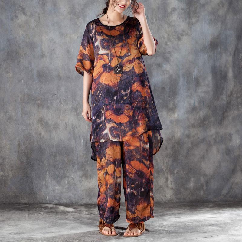 Silk Dresses Clothing Red Two Pieces Set Printed Irregular Top Wide Leg Pants