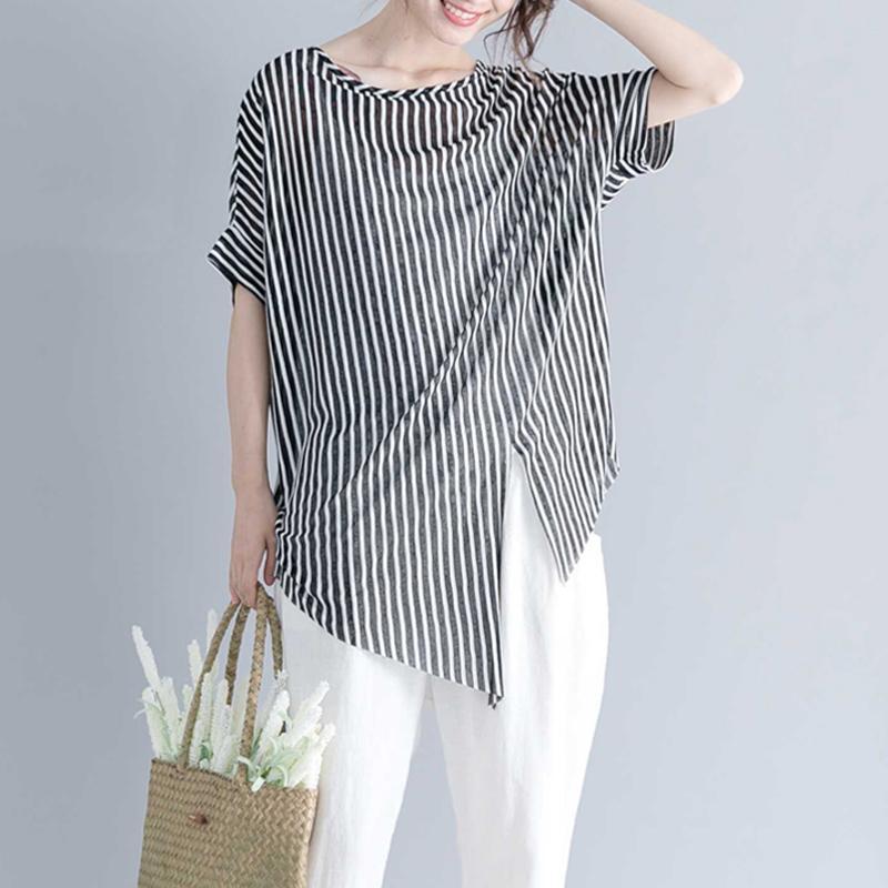 Striped Midi-length Cotton T Shirt Loose Fitting Traveling Blouse Fine Short Sleeve O Neck Asymmetrical Design Cotton Shirts