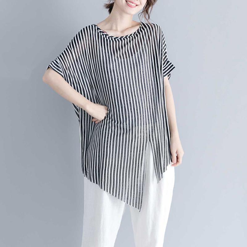 Striped Midi-length Cotton T Shirt Loose Fitting Traveling Blouse Fine Short Sleeve O Neck Asymmetrical Design Cotton Shirts