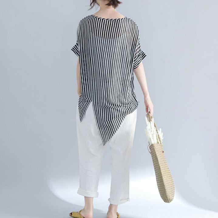Striped Midi-length Cotton T Shirt Loose Fitting Traveling Blouse Fine Short Sleeve O Neck Asymmetrical Design Cotton Shirts