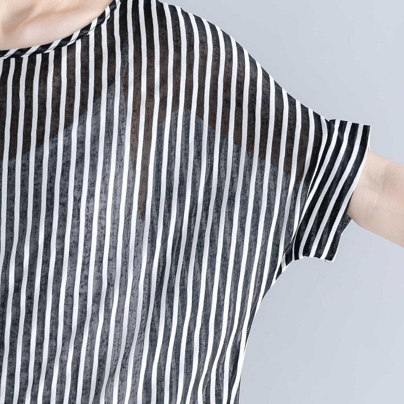 Striped Midi-length Cotton T Shirt Loose Fitting Traveling Blouse Fine Short Sleeve O Neck Asymmetrical Design Cotton Shirts
