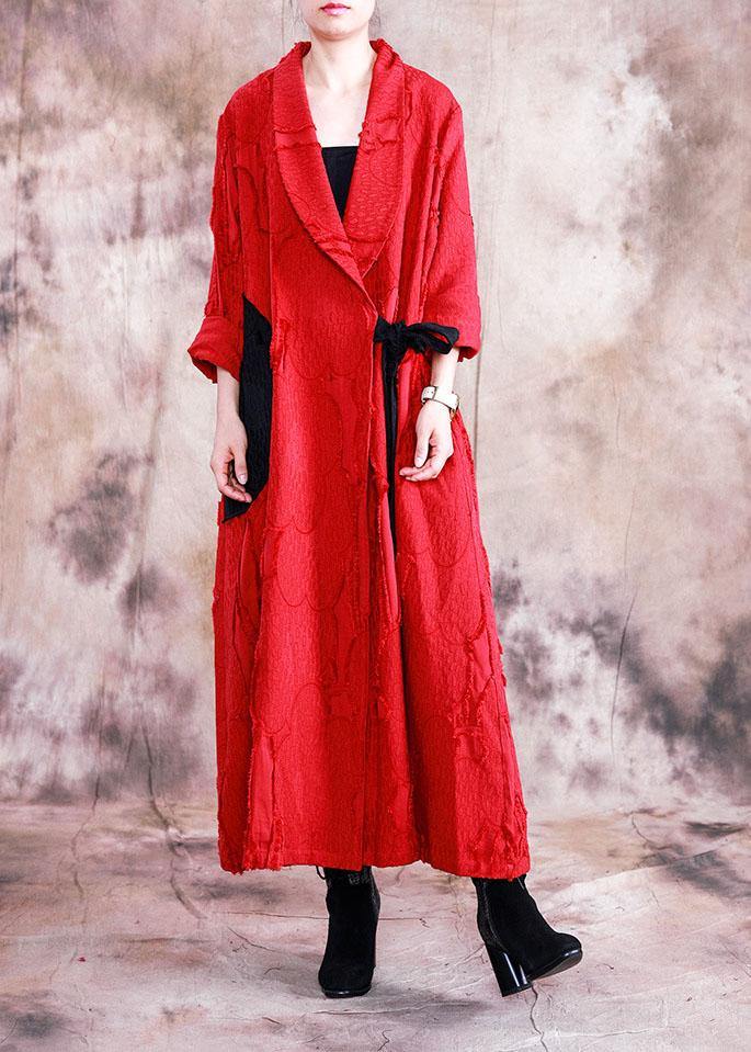 Long Fall Red Turn-down Collar Tie Waist Coat
