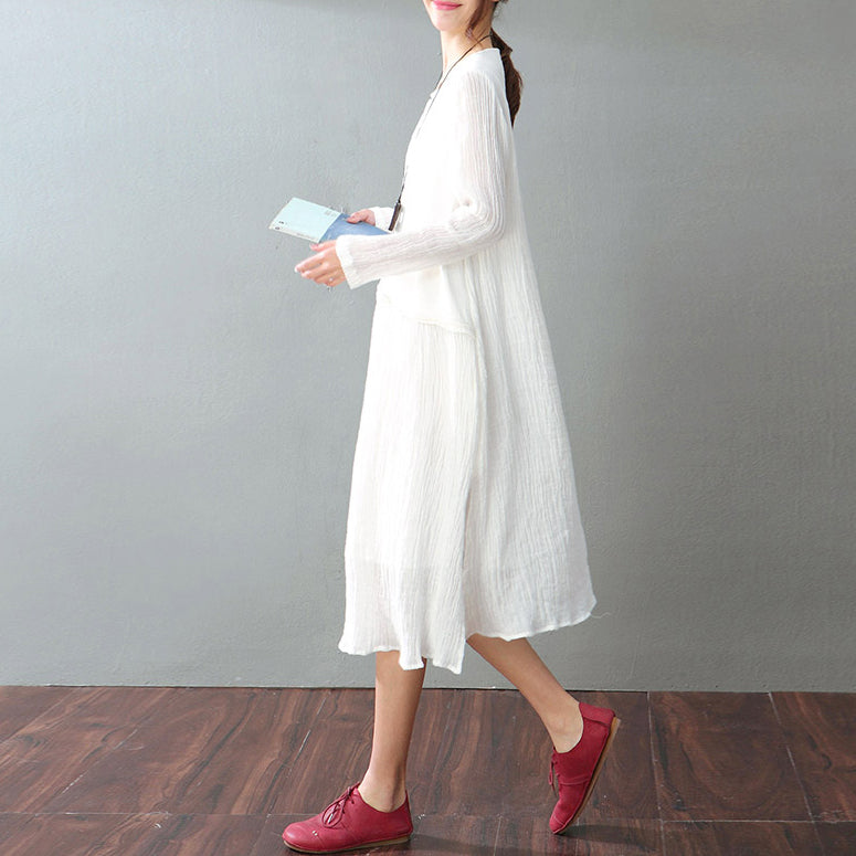 White Cotton Linen Maxi Dress Loose Fitting O Neck Baggy Dresses New Long Sleeve Patchwork Dresses