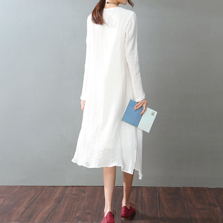 White Cotton Linen Maxi Dress Loose Fitting O Neck Baggy Dresses New Long Sleeve Patchwork Dresses