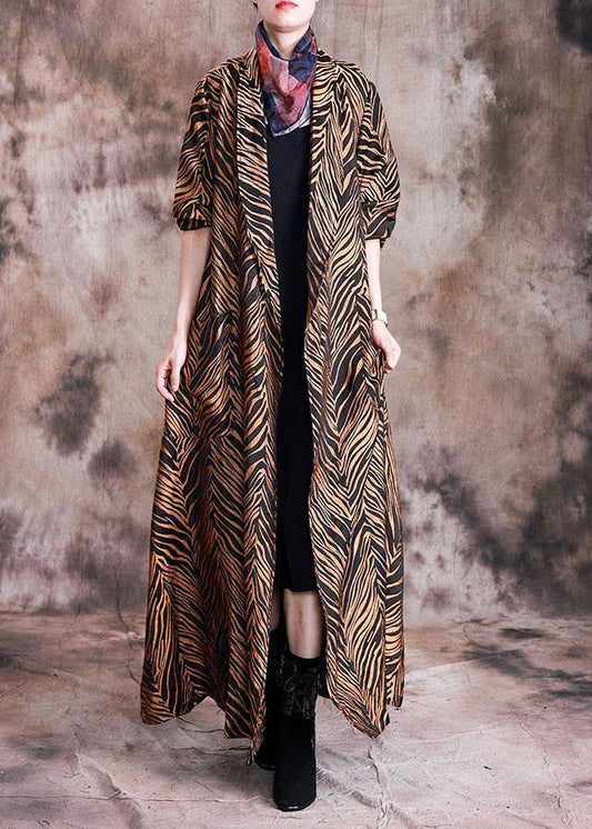 Yellow Print Coats Fall Notched Pockets Tie Waist Maxi Coat