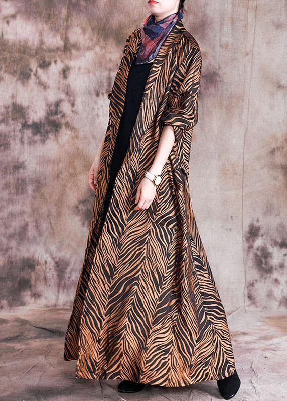Yellow Print Coats Fall Notched Pockets Tie Waist Maxi Coat