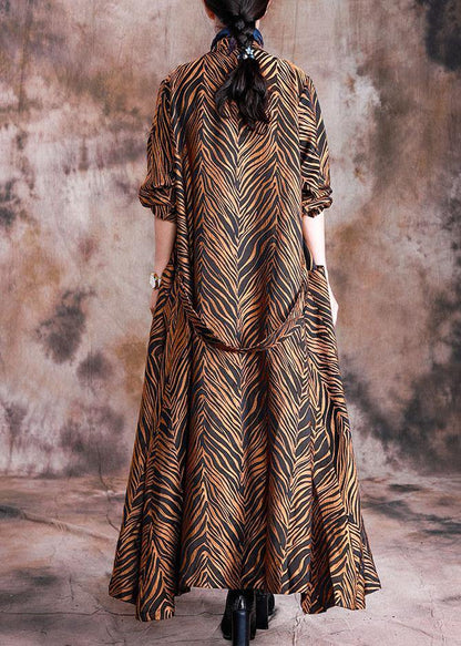 Yellow Print Coats Fall Notched Pockets Tie Waist Maxi Coat