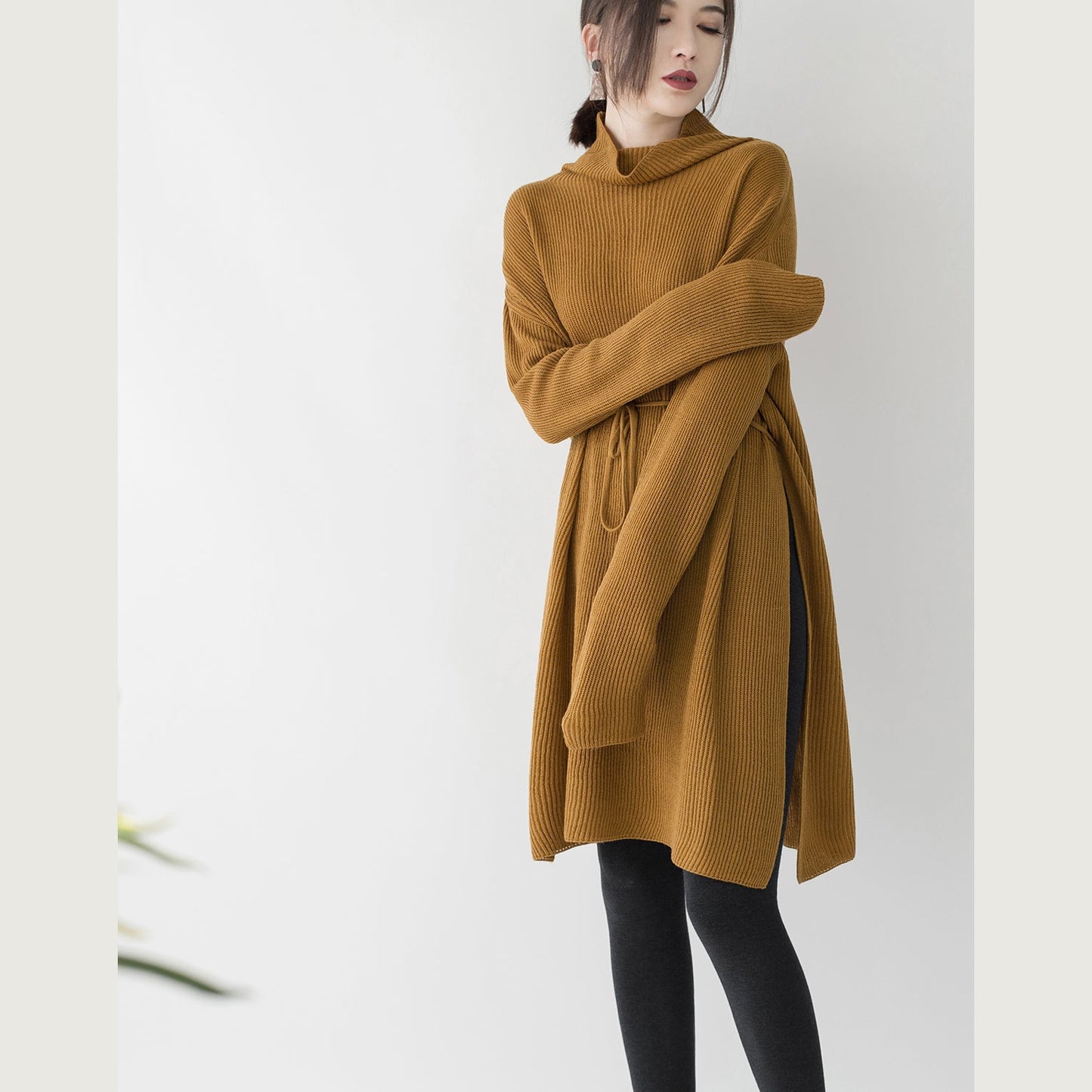 Yellow Sweater Dresses Loose Fitting High Neck Side Open Long Knit Sweaters Tie Waist Winter Dress