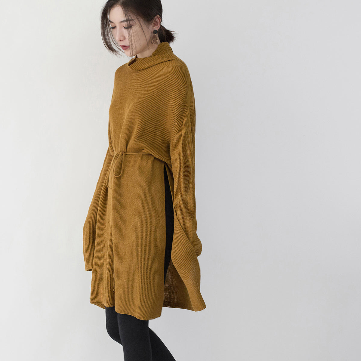 Yellow Sweater Dresses Loose Fitting High Neck Side Open Long Knit Sweaters Tie Waist Winter Dress
