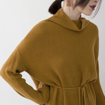 Yellow Sweater Dresses Loose Fitting High Neck Side Open Long Knit Sweaters Tie Waist Winter Dress