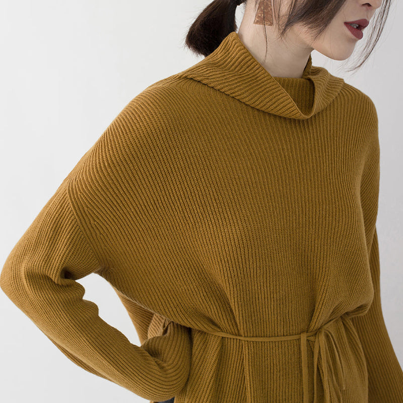 Yellow Sweater Dresses Loose Fitting High Neck Side Open Long Knit Sweaters Tie Waist Winter Dress