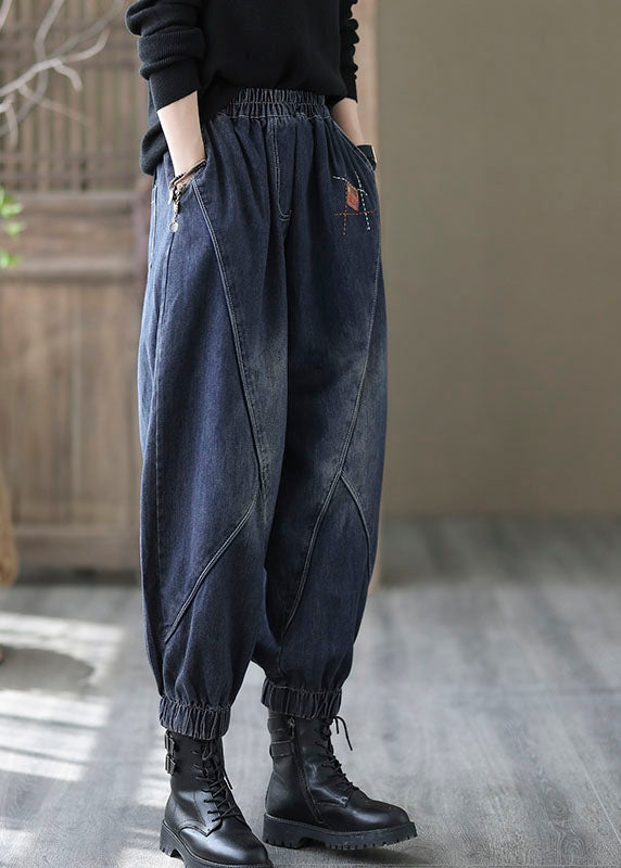 Black Elastic Waist Pockets Denim Pants Spring