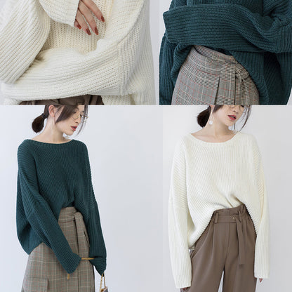 Warm Beige Knit Sweaters O Neck Baggy Batwing Sleeve Fall Blouse