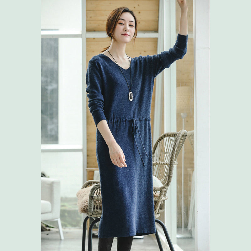 Warm Blue Knit Dresses Fall V Neck Long Knit Sweaters Drawstring Pullover Sweater