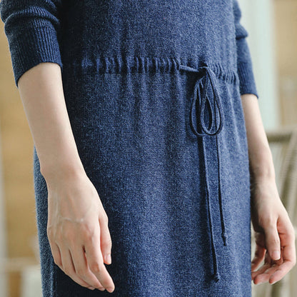 Warm Blue Knit Dresses Fall V Neck Long Knit Sweaters Drawstring Pullover Sweater