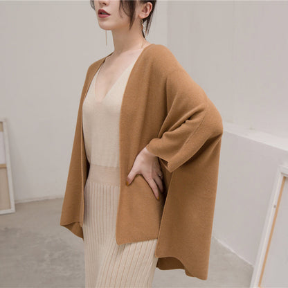 Warm Brown Sweaters Clothing Three Quarter Sleeve Knitted Tops Cardigan