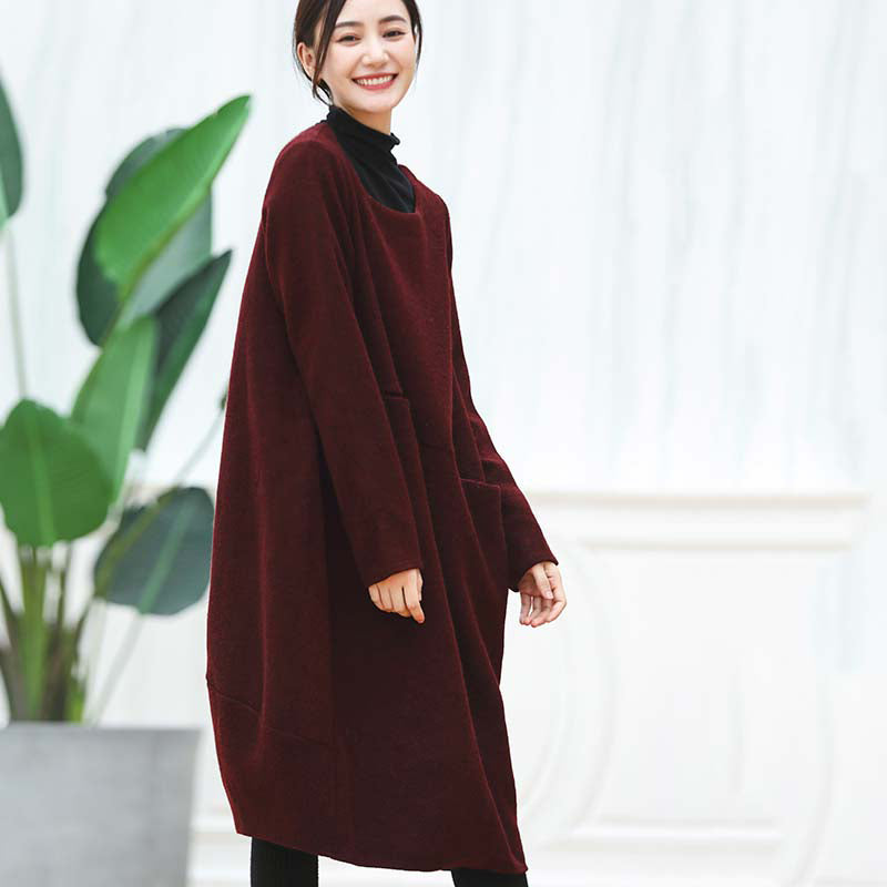 Warm Burgundy Knit Dresses Oversized O Neck Sweater Baggy Dresses Pullover Sweater