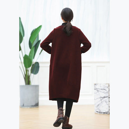 Warm Burgundy Knit Dresses Oversized O Neck Sweater Baggy Dresses Pullover Sweater