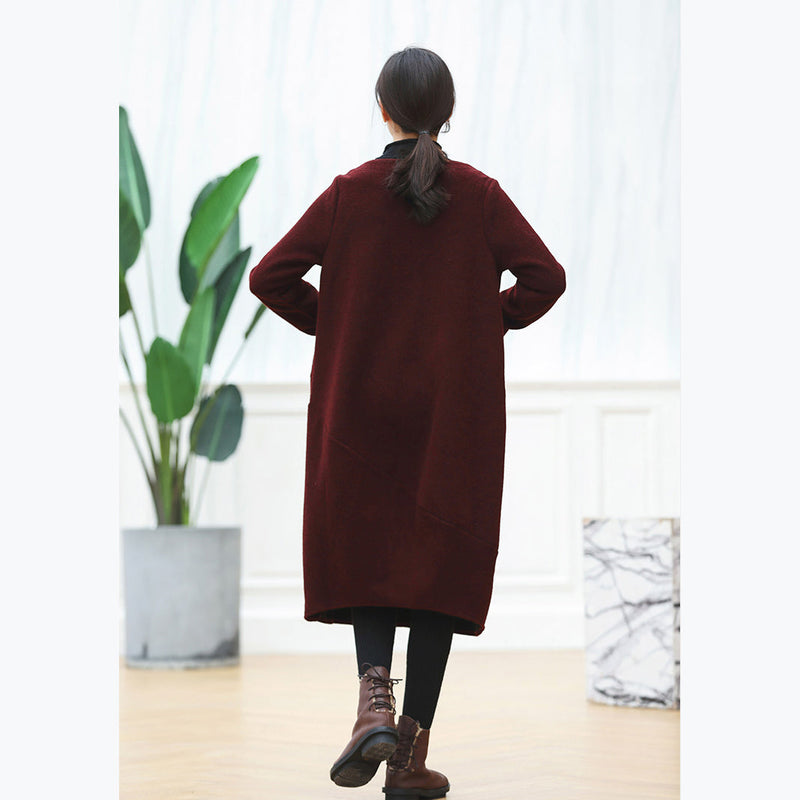 Warm Burgundy Knit Dresses Oversized O Neck Sweater Baggy Dresses Pullover Sweater