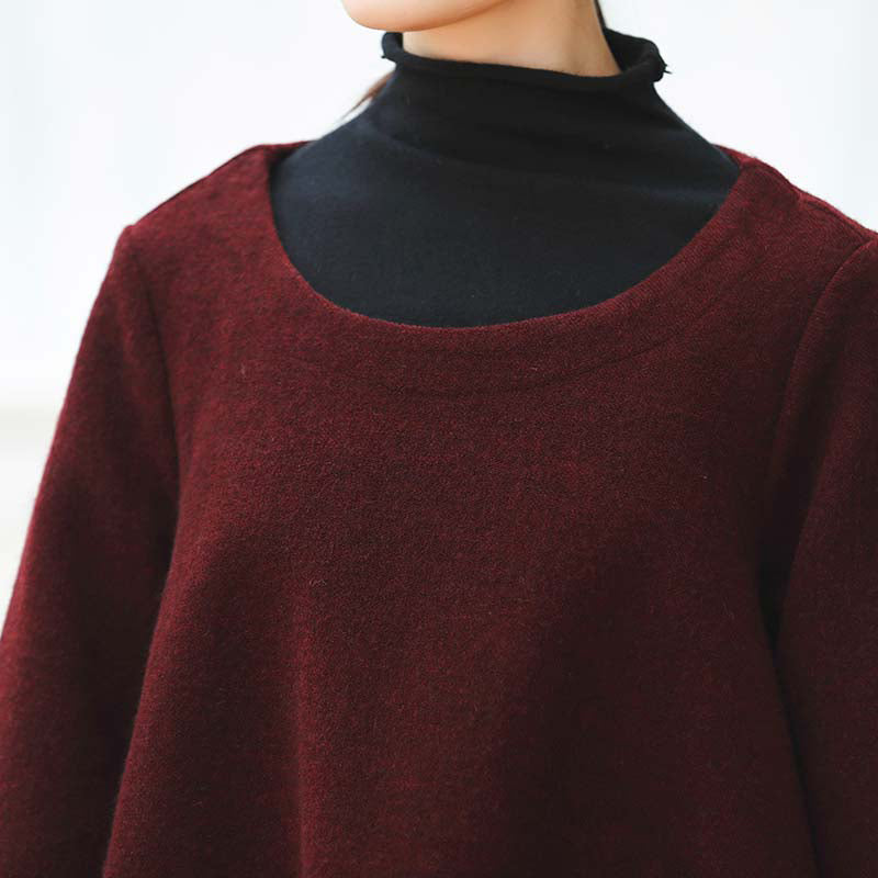 Warm Burgundy Knit Dresses Oversized O Neck Sweater Baggy Dresses Pullover Sweater