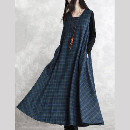 Warm Dark Blue Plaid Knit Dresses Loose Fitting Sleeveless Patchwork Dresses Square Collar Pockets Pullover Dresses