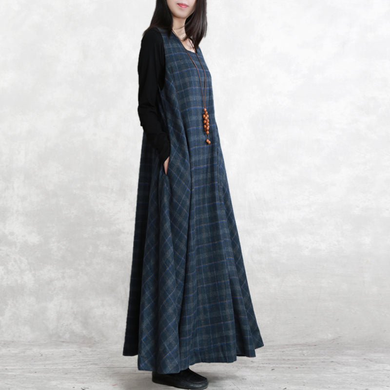 Warm Dark Blue Plaid Knit Dresses Loose Fitting Sleeveless Patchwork Dresses Square Collar Pockets Pullover Dresses