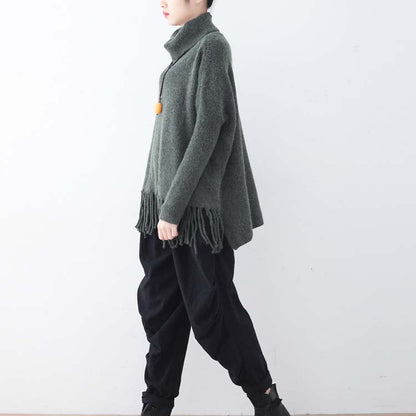 Warm Dark Gray Knit Sweaters Batwing Sleeve Knit Sweat Tops Boutique Tassel Winter Shirt