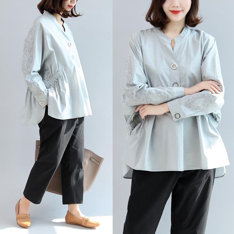 Warm Fall Outfits Gray Embroidery Cotton Tops Loose Shirts