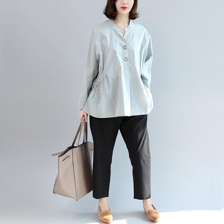 Warm Fall Outfits Gray Embroidery Cotton Tops Loose Shirts