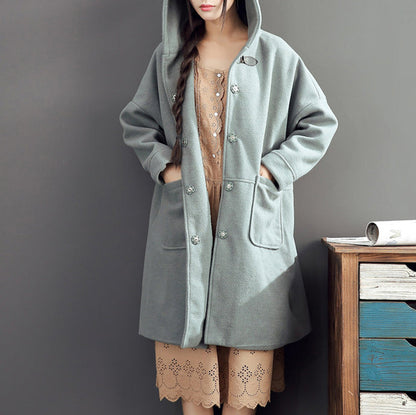 Warm Fall Woolen Outfits Light Green Oversize Pockets Long Sleeve Coats