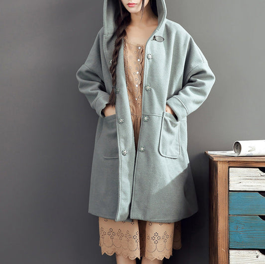 Warm Fall Woolen Outfits Light Green Oversize Pockets Long Sleeve Coats
