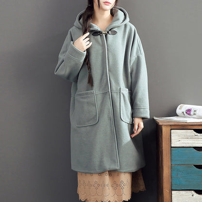 Warm Fall Woolen Outfits Light Green Oversize Pockets Long Sleeve Coats