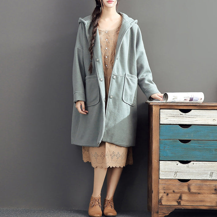 Warm Fall Woolen Outfits Light Green Oversize Pockets Long Sleeve Coats