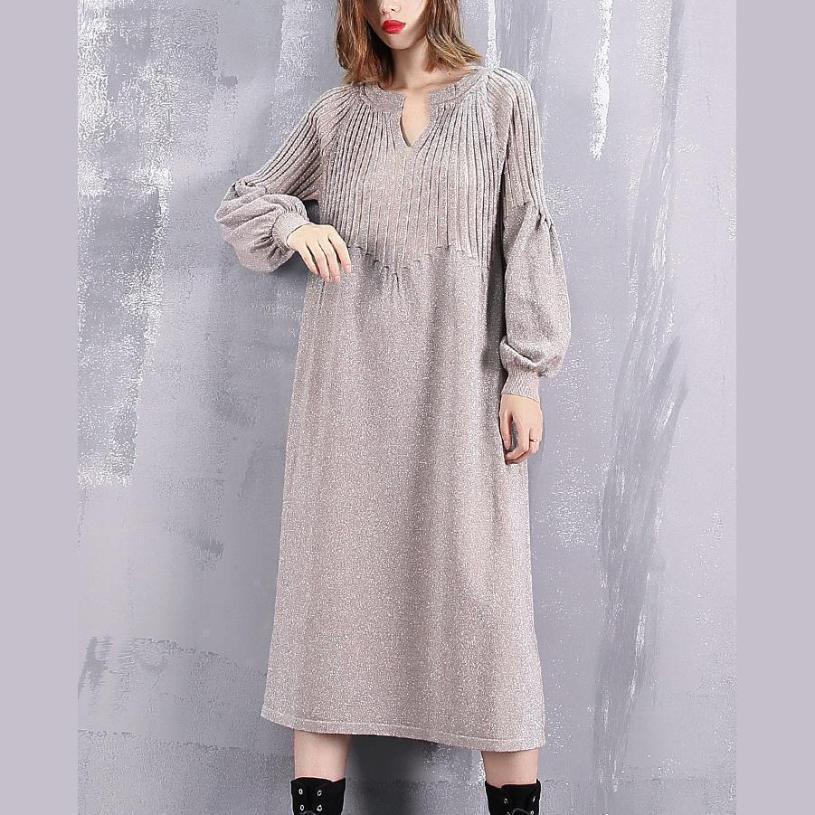 Warm Khaki Sweater Dress Oversized V Neck Winter Dress New Baggy Cinched Winter Dresses
