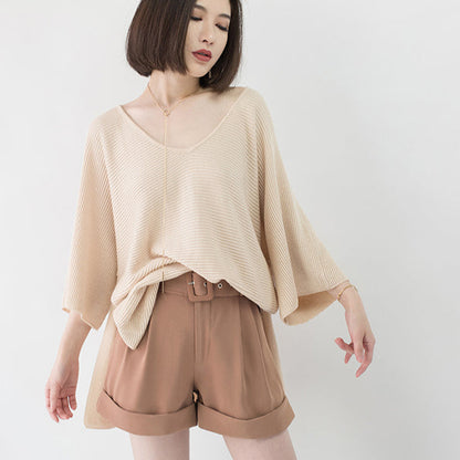 Warm Nude Cozy Sweater V Neck Knitted Blouses Batwing Sleeve Fall Blouse