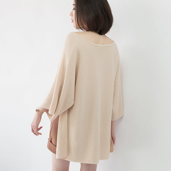 Warm Nude Cozy Sweater V Neck Knitted Blouses Batwing Sleeve Fall Blouse